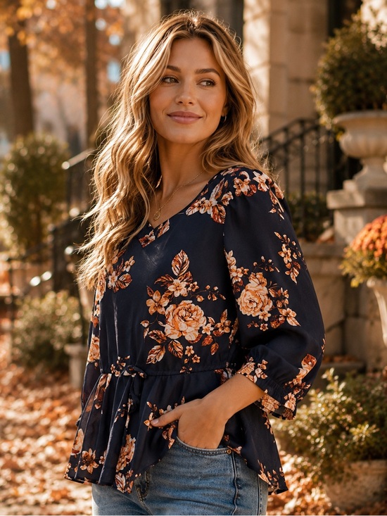 Maurices Tops - 🛍️Maurices Navy Floral Peplum Blouse Small 3/4 Sleeve Romantic Boho Top Fall
